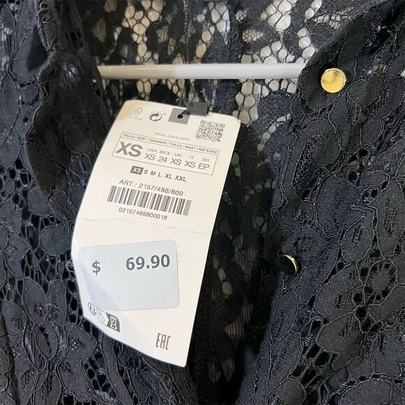 Zara XS Black Lace Collared Mini Shirt Dress Gold Buttons Party - Picture 7 of 9